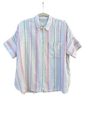 Madewell Women's Small Linen Blend Pastel Rainbow Stripe Button Up Shirt